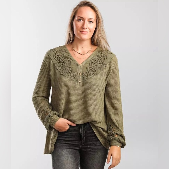 Miss Me Waffle Knit Hanley Oversized Crochet Top Women’s Size Small Boho - Picture 2 of 14